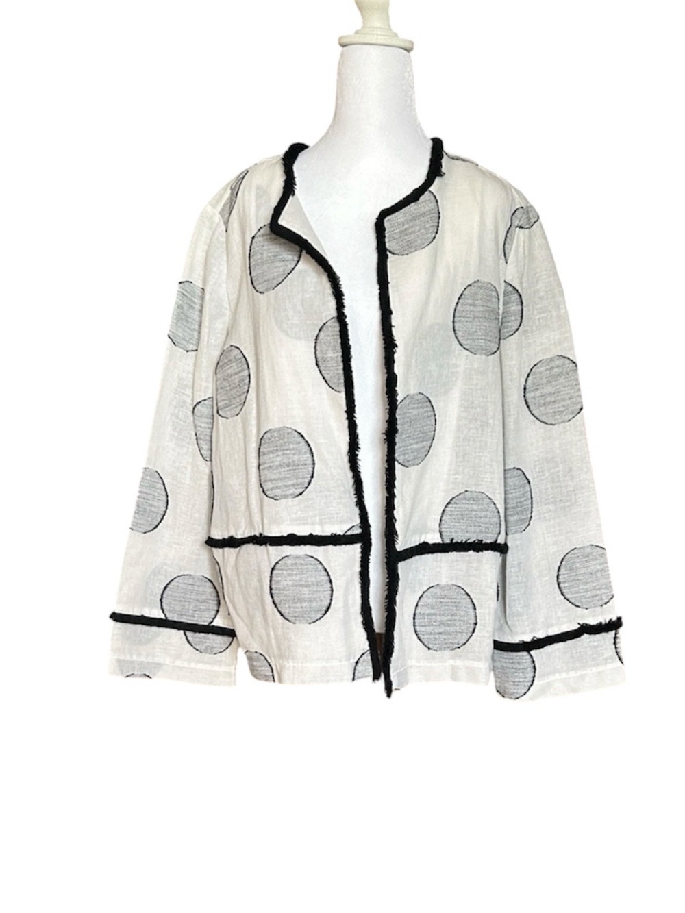 Frank Lyman Linen Blend Jacket White Black Polka Dots Frayed Hem Fringe Sz L